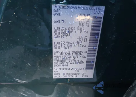 2022 Nissan Pathfinder Sl 2Wd z USA, uszkodzony, nr VIN 5N1DR3CBXNC267184